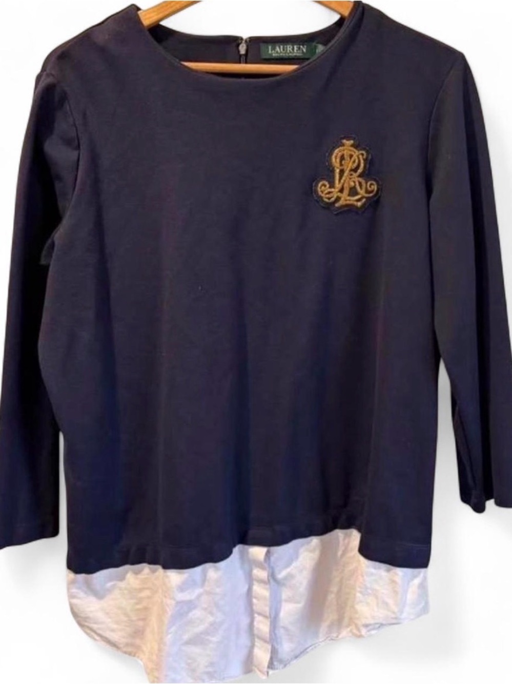 Ralph Lauren Navy Twofer Longsleeve Blouse with Embroidered Script Logo